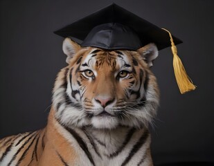 bengal tiger wearing a graduation cap in a black color background