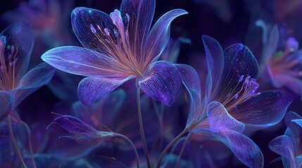 The surreal glowing flowers feature an intricate glassy transparency effect, with neon blue veins on a deep purple background for a cyber-botanical hybrid aesthetic.