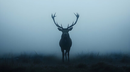 Fototapeta premium Majestic deer silhouetted in a misty landscape.