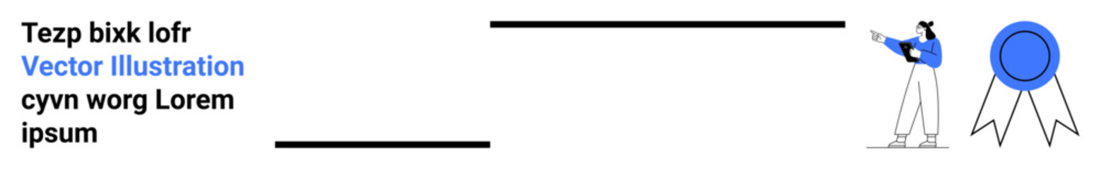 Person gesturing toward a large award ribbon emphasizing achievement, recognition, and accomplishment. Ideal for success, presentation, leadership, teamwork, motivation, education simple landing