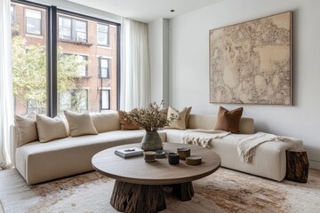 Modern, minimalist living room with large windows