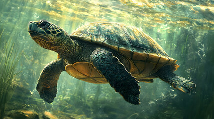 A sea turtle swims through a lush underwater environment.