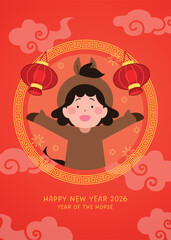 Child celebrating new year of the horse card. Cute girl with zodiac horse costume on an oriental background with red lanterns decorations.