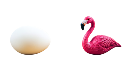 A white egg and a pink flamingo figurine are isolated against a black background in a studio shot