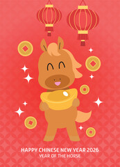 Fototapeta premium Cute cartoon zodiac horse greeting card with sycee ingot and gold coins. Happy new year of the horse 2026 greeting card.