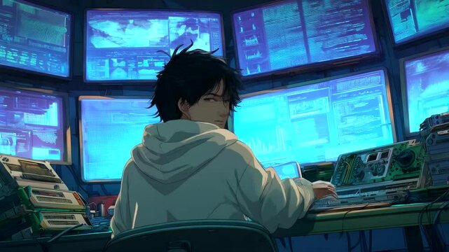 Person working at a computer station with multiple screens