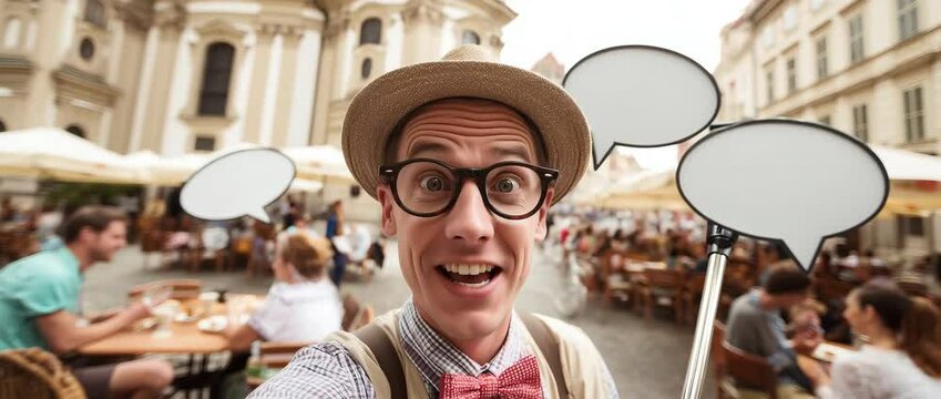 Clownish man with oversized glasses waves at camera in city square holding speech bubbles, camera gently rotates and sways in exaggerated selfie-style movement