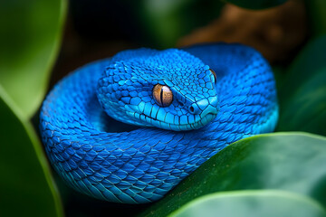 Fototapeta premium Close-up of a vibrant blue snake coiled on green leaves.