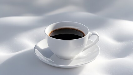 White coffee cup with black coffee on a white surface in soft sunlight