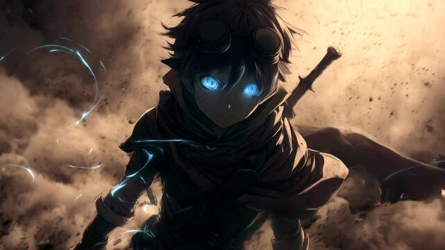 Dark-toned character with glowing blue eyes.