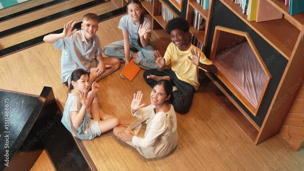 Poster top view of diverse children sitting in circle while looking at camera and waving hands at library s