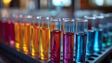 Colorful test tubes filled with various liquids in a laboratory setting.
