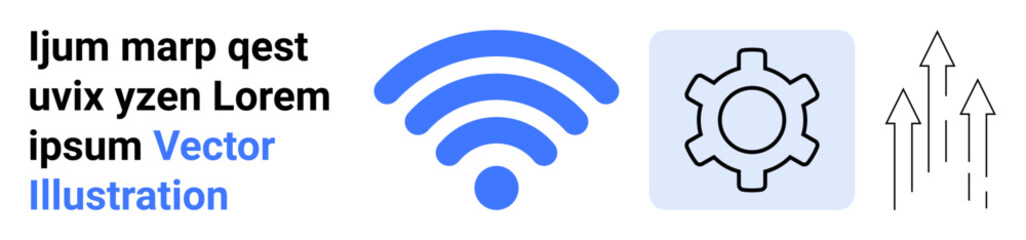 wireless symbol, gear for settings, and arrows symbolizing growth and development. Ideal for innovation, technology, connection, progress, settings, productivity simple landing page