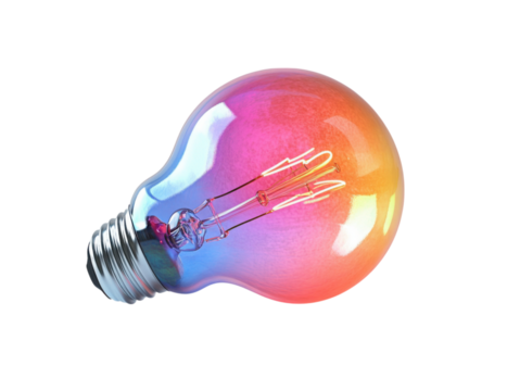 A colorful light bulb with a silver base