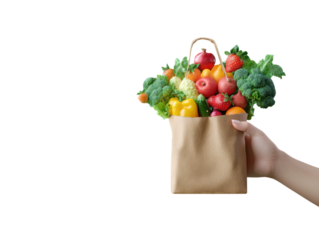 A hand is holding a bag of fruits and vegetables
