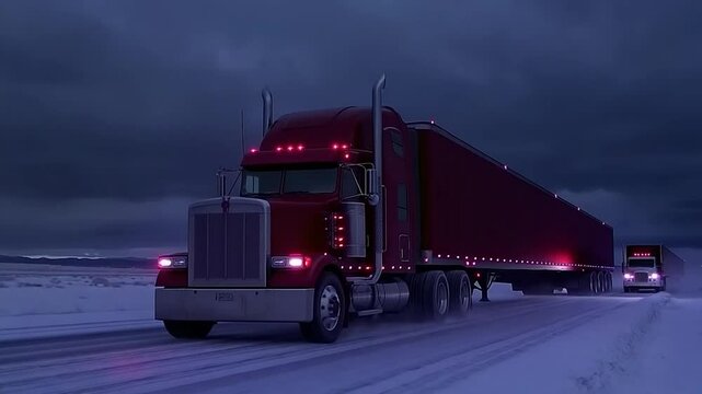 Big Rig on Snowy Highway at Dusk