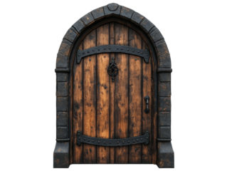 A wooden door with a metal latch and a stone arch above it