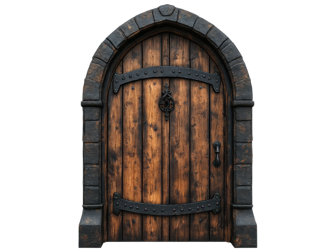 A wooden door with a metal latch and a stone arch above it