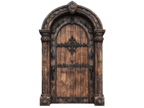 A large wooden door with a gold trim and a black handle