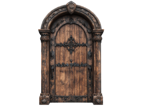 A large wooden door with a gold trim and a black handle