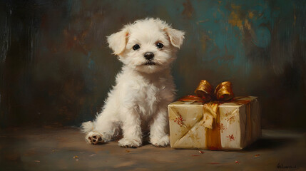 Fluffy white puppy sitting beside a beautifully wrapped gift in a festive setting
