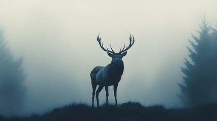 Naklejka premium Majestic stag in a misty forest.