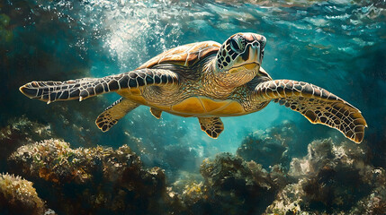 Obraz premium A sea turtle swims gracefully through a vibrant coral reef.