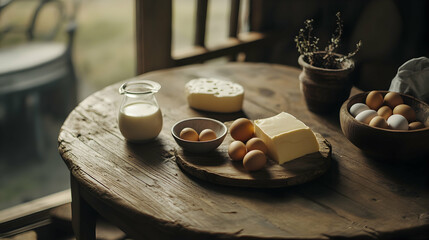 Fresh dairy products and eggs on a rustic wooden table for a wholesome breakfast
