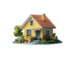 A yellow house with a red roof and a blue door