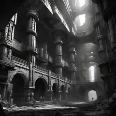 Black and White Subterranean City Art with Spatial Audio Recording Elements