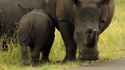Fototapeta premium Rare Footage closeup portrait of White horn Rhino walking breeding, Mother and baby in South Africa savannah. Safari national park. Wild animals exotic nature mammal animals in natural habitat.