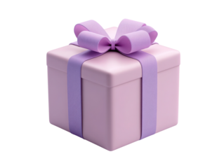 A pink box with a purple bow on top