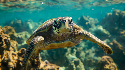 Fototapeta premium Close-up view of a sea turtle swimming in coral reef waters.