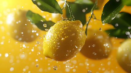 Fresh lemons mid-air with water droplets and green leaves on a bright yellow background