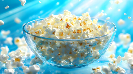Fresh popcorn in a bowl on a bright blue background