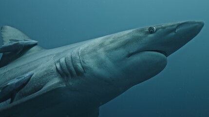 Amazing closeup black tip reef sharks with sharp teeth swimming underwater on coral reef ocean of Tonga. Shark diving tourism. Divers feed school of sharks Carcharhinus leucas marine of Pacific Ocean.