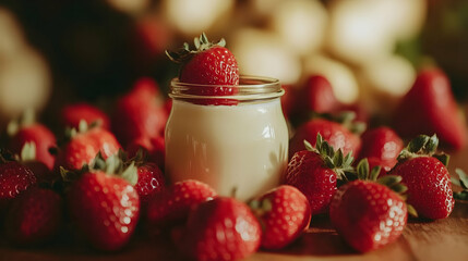 Fresh yogurt in a glass jar surrounded by ripe strawberries on a wooden table