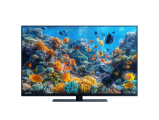 A television screen shows a colorful underwater scene with many fish