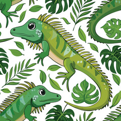 Green Iguana Vector Illustration with Seamless Pattern Design