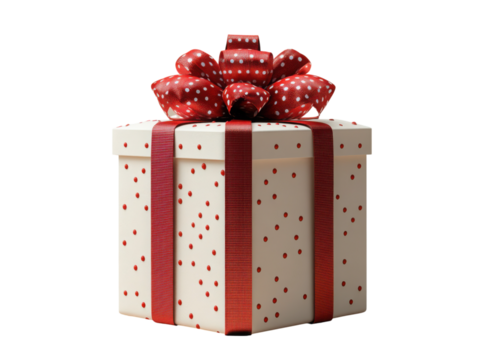 A white box with red ribbon and red dots on it