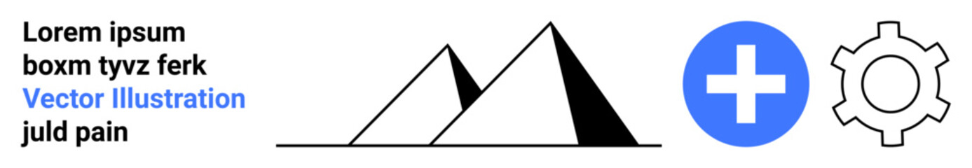 Obraz premium Text next to mountain shapes, blue cross icon, and gear element. Ideal for teamwork, health, strategy, innovation, collaboration, problem-solving simple landing page