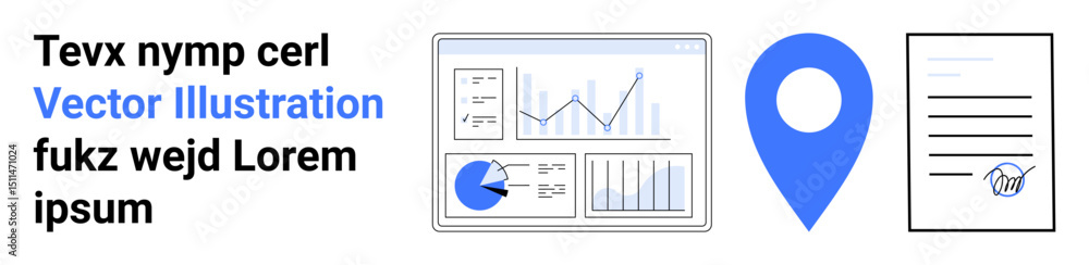 Aufkleber dashboard with charts and pie graphs, location pin, contract document with signature. ideal for busi