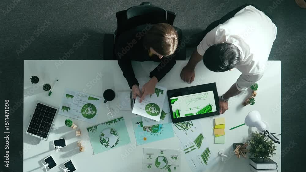 Poster top down view of business man presenting sustainable idea to manager by using tablet display esg env