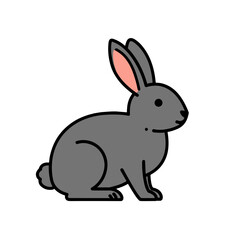 Gray rabbit sitting with ears raised on a white background  