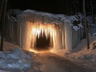 Icicles forming a natural curtain at the entrance of a glowing ice cave, Generative AI