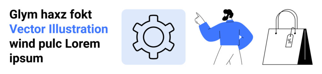 Male figure pointing confidently toward a gear icon, accompanied by a shopping bag with a tag. Ideal for business, strategy, retail, teamwork, planning, innovation, simple landing page