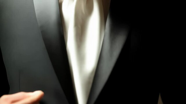 Man in formal black suit and white ascot is blindfolded in a soft light