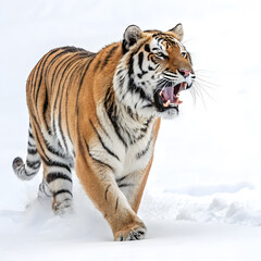 A roaring tiger facing forward with its body slightly angled, showing detailed fur and an intense expression.