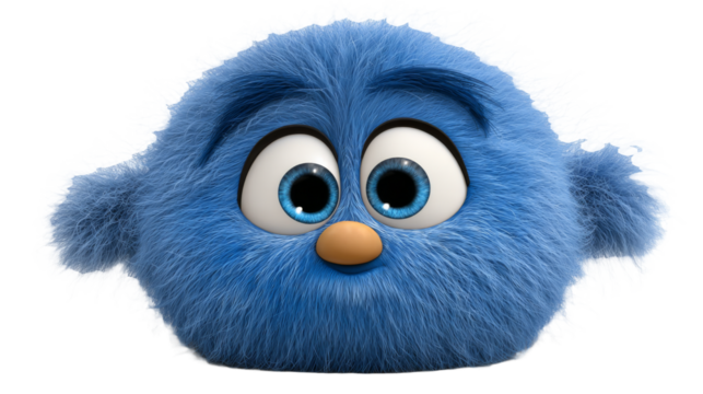 Cheerful blue animated character imaginative world character design playful setting close-up view whimsical concept