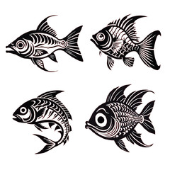 Fototapeta premium Artistic black and white illustrations of various fish bundle showcasing unique designs and patterns